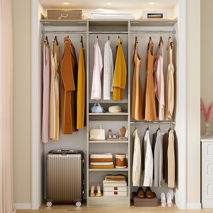 48" Small Closet Organizer, 4FT Small Closet System with 4 Closet Rods & 3 Shelves, 80"H Small Closet Organizers and Storage for Small Bedooms, Cloakrooms, Laundry Rooms, White Oak