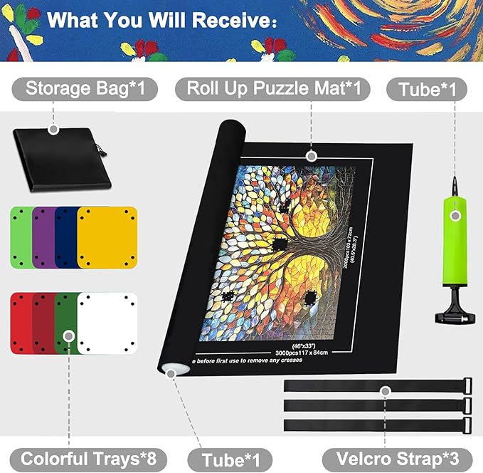 Napzy Puzzle Mat-Jigsaw Puzzles Matt Roll Up to 3000pcs Roll-up Puzzled Board Puzzling Organizers and Storage with 8PCS Jigsaws Sorting Trays, Drawstring Storages Bag Jigsawn Keeper Saver
