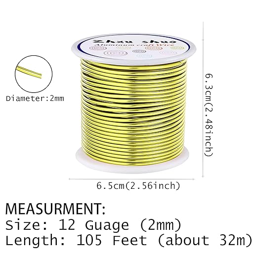 12 Gauge(2mm) Aluminum Wire 35 Yards Anodized Metal Wire for Bonsai Armature Crafting Sculpting Jewelry Craft Making Beading Floral (Yellow, 12 Gauge)