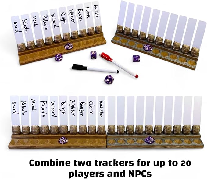 Initiative Tracker with 10 Barrel Slots, Erasable Name Tags, and Dice for Tracking Order. Ideal for DND and Other TTRPGs Brown