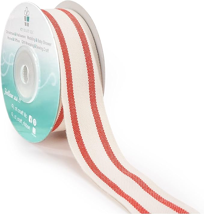 CT CRAFT LLC Ivory Cotton Red Stripes Ribbon 1" x 10 Yards for Home Décor Gift Present Wrapping DIY Crafts Birthday Wedding Bouquet Christmas