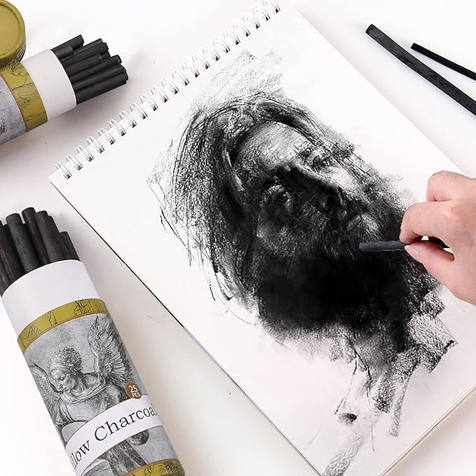 LOONENG Willow Charcoal Sticks, Natural Willow Charcoal for Artists, Beginners or Kids of All Skill Levels, Great for Sketching, Drawing and Shading, Approx 5-7mm in Diameter, Pack of 25