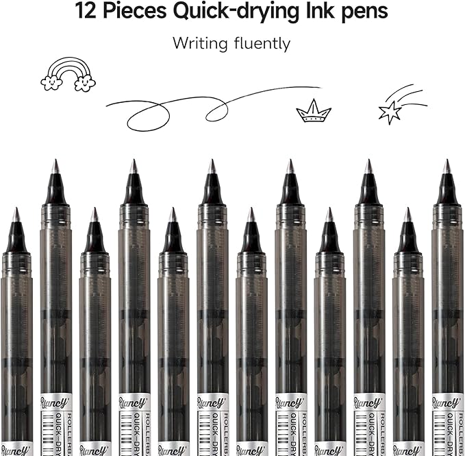 RIANCY Black Fine Point Gel Pens 12Pcs 0.5mm Gel Ballpoint Pens Black Liquid Ink Pens No Smear No Bleed, Smooth Writing Pen for Journaling Note Taking Drawing Sketching Coloring Office School Supplies