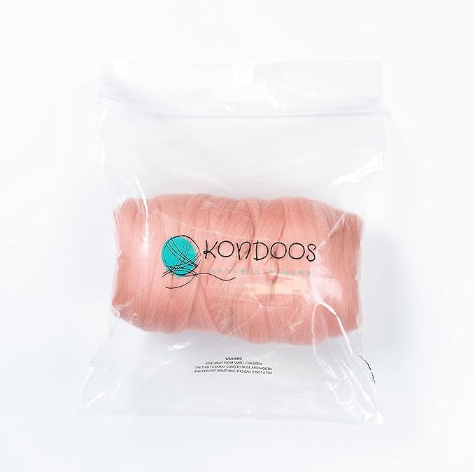 Kondoos Colored Natural wool roving, 1 lb. Best wool for needle felting, wet felting, handcrafts and spinning. (Salmon pink, 1 lb)