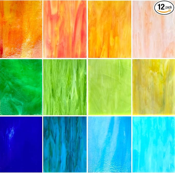 ILLUCKAI 12 Sheets Stained Glass Sheets Orange Green Blue Colors, 4 x 6 inch Cathedral Art Glass for Crafts, Stained Glass Supplies Mosaic Tiles for Projects