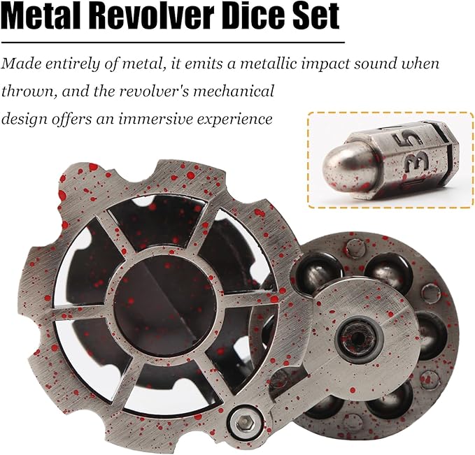 Bullet Dice, Revolver Bullet Metal Dice Set with Spinning Revolver Cylinder Container & Seven Polyhedron Dices for Sci-Fi, War, Crime Theme Tabletop Games