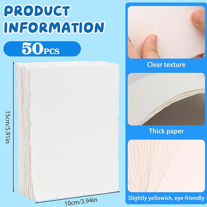 Lunarm Watercolor Paper 50 Sheets, Deckled Edge Paper 300 GSM 4 x 6 inch, Handmade Textured Cotton Paper for Wedding Invitation, Oil Pastel, Watercolor Painting and Cards, Crafts