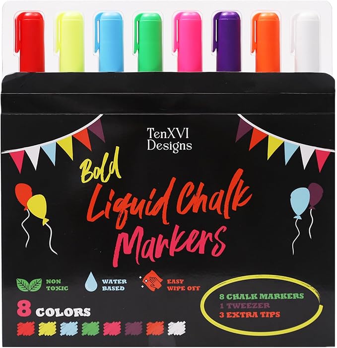 TenXVI Designs Chalk Markers - 8 Vibrant Colors, 6mm Reversible Tips, Erasable, Non-Toxic, Water Based for Kids & Adults - For Chalkboard, Glass & Non-Porous Surfaces, Liquid Chalk Board Markers