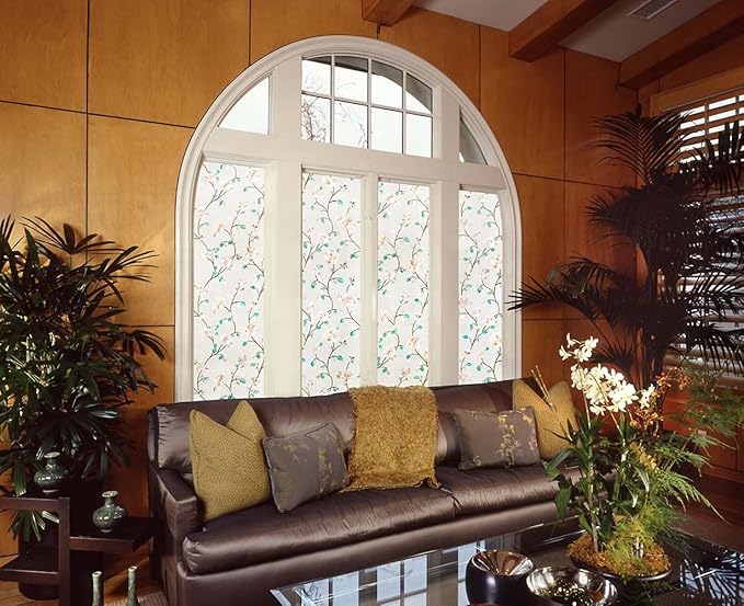 VSUDO Static Cling Decorative Window Privacy Film – Frosted Privacy Window Film with Jasmine Floral & Stained Glass Design, Adhesive-Free Tint for Home, Bathroom & Office (35.4" x 78.7")