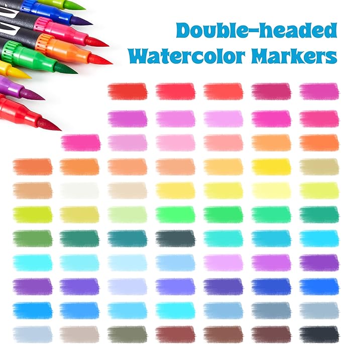 72 Colors Dual Tip Markers Set, Water-Based Ink Brush & Chisel Double Tipped Art Markers for Kids Adults Beginners & Artists in Sketching, Coloring, Note-taking