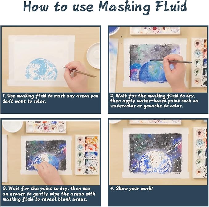 Masking Fluid for Watercolor Painting - 60ml White with a Paintbrush and Eraser - Art Masking Fluid Pen Watercolor Medium Art Supplies for Artists