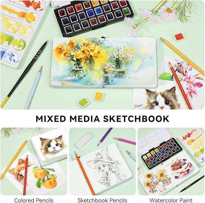 Lightwish Square Watercolor Journal,100% Cotton,300gsm/140lb,Acid-Free,24 Sheets Hot Press Watecolor Sketchbook for Artists Adults Students,4.7 * 4.7 Inches(Light Green)