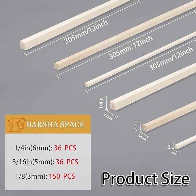 222Pcs Balsa Wood Sticks,Wood Strips Balsa Square Wooden Dowels Hardwood Unfinished Wood Sticks for Crafts DIY Projects Models Making Supplies (1/8in+3/16in+1/4in 222pcs)