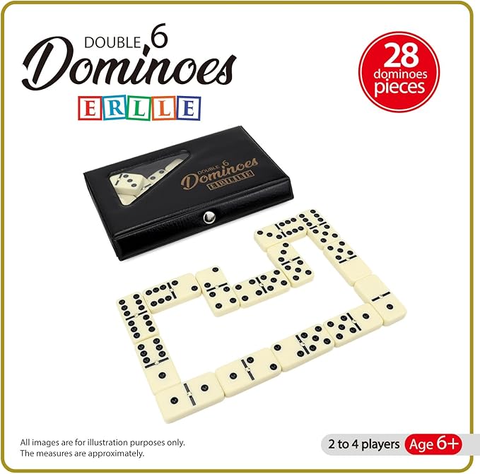ERLLE - Premium Double 6 Dominoes Set, Classic Domino Game with Vinyl Case, Tiles for Adults & Kids, Mexican Train & Family Game Night