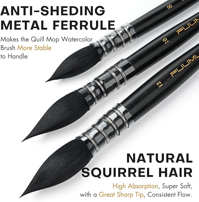 Professional Watercolor Brush, Fuumuui Natural Squirrel Hair Mop Brush, Round Quill Detail Fine Tip Watercolor Paint Brush for Water Color Gouache Ink Painting - Sizes #12