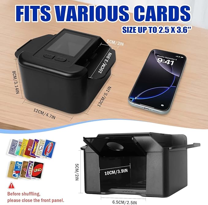 Automatic Card Shuffler 1-2 Decks with Auto & Manual Mode, Rechargeable Built-in 2000mAh Battery, Electric Playing Cards Shuffling Machine for Game Card Size Up to 2.5 x 3.6”(Black)