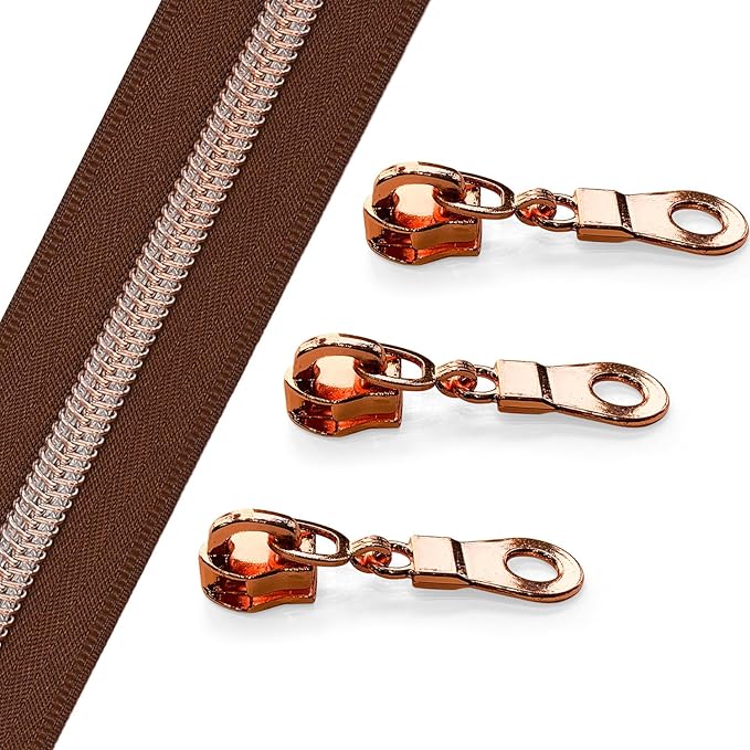 The Yards 10 Yards Bulk Brown Nylon Coil Zipper with Antique Brass Teeth - Replacement Sewing Zipper with 10PCS Sliders for DIY Craft Bags