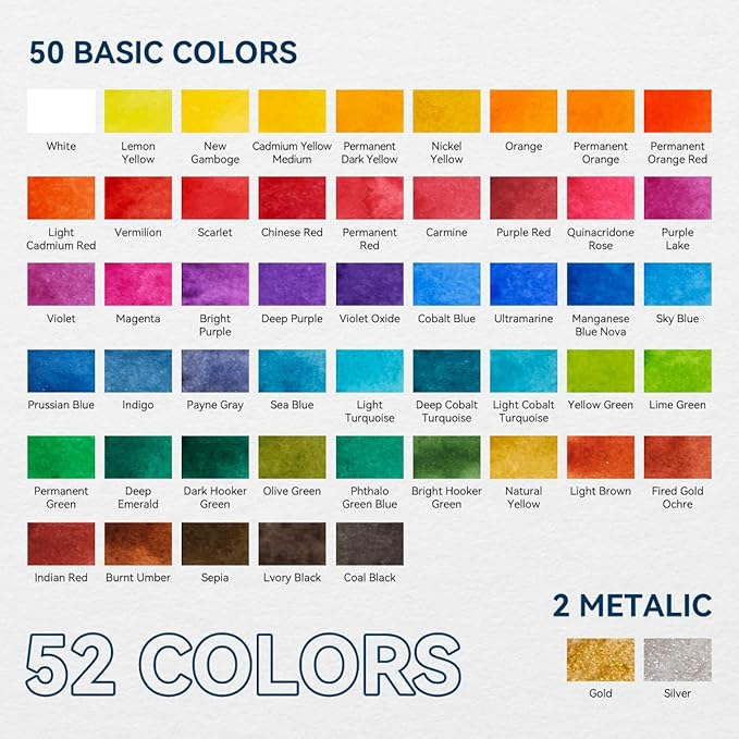 MeiLiang Watercolor Paint Set 52 Colors in Half Pans with Drawing Pencil, Paint Brushes, 5 Watercolor Paper, Sponge, Black Drawing Pens, Art Supplies for Adults Travel Watercolor & Purple Box