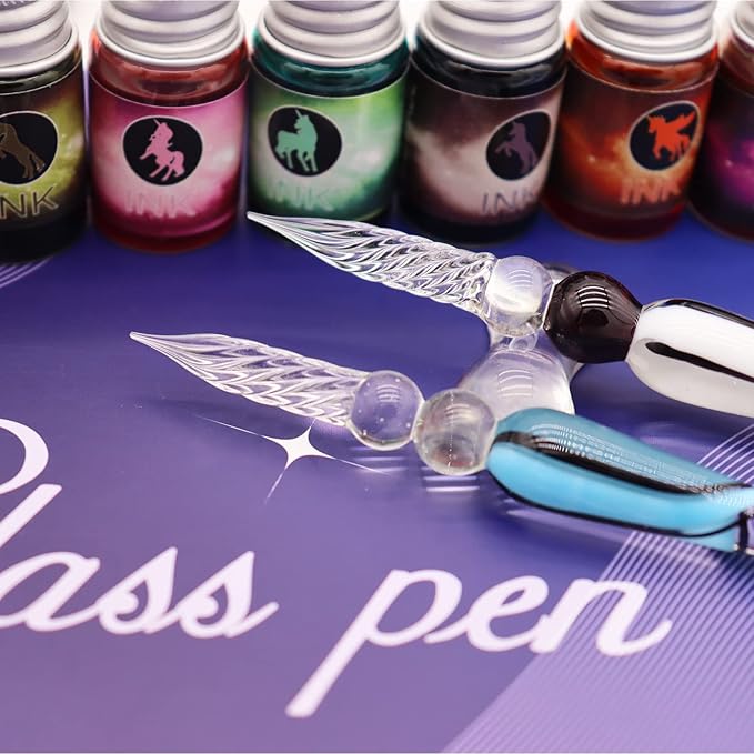 Glass Dipped Pen Ink Set Handmade Crystal Calligraphy Pen with 24Colorful India Ink for Art, Signatures, Drawing, Decoration, Caligraphy Kits for Beginners