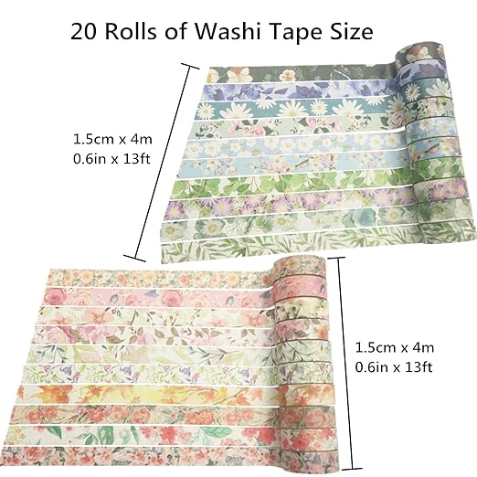 Floral Washi Tape Set 20 Rolls 15mm Wide Flower Decorative Paper Tapes for Scrapbooking, Bullet Journal, Planner, DIY Crafts, Gift Wrapping
