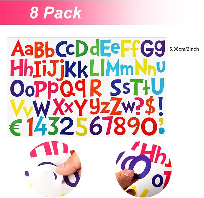 TaoBary 544 Pcs 2 Inch 16 Sheets Large Letter Stickers, Upper and Lower Case, Adhesive Vinyl Alphabet Sticker for Bulletin Board, Poster, Bottle, DIY, Notebook(Bright Color,2 Inch)