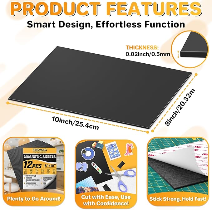 FINDMAG Magnetic Sheets (8” x 10”), Pack of 12, Flexible Magnet for Hanging Pictures, Photos, Paper Magnet for Dies, Adhesive Magnetic Sheets for Fridge, Locker, Cabinet Doors.