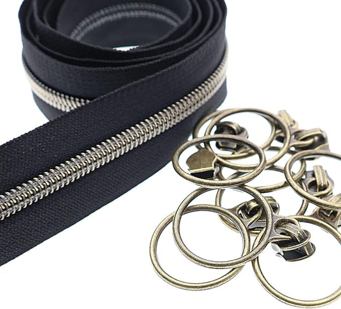 Leekayer 5# Black Nylon Zipper Tape Brass Teeth 10 Yards Continuous Zipper with 25 pcs Ring Pull Silders Bulk(Antique Brass)