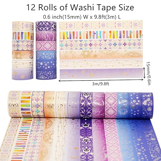 12 Rolls Galaxy Washi Tape Set Bronzing Starry Night Decorative Masking Tape for Scrapbooking, Bullet Journal, Planner, DIY Crafts, Gift Wrapping