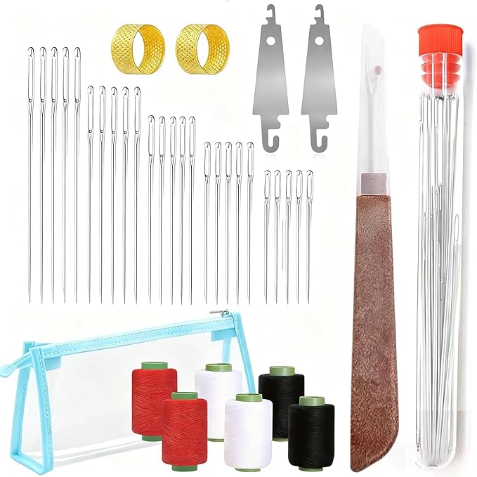 Big Eye Steel Sewing Needles Kit, 37-Piece Stainless Steel Hand Sewing Set with Thread, Thimble & Threader, for DIY Crafts, Home Travel Mending and Emergency Repairs on Leather and Denim