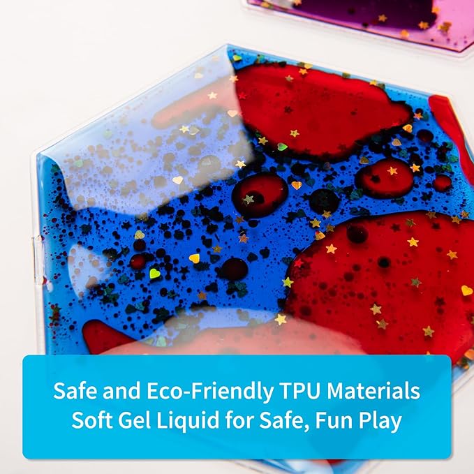 Art3d Hexagon Sensory Fidget Liquid Motion Tiles for Kids, Toddler, Teens - Interactive Soft Gel Liquid Play Mats for Home, Schools, Playrooms, Multi-Pack of 6 Tiles