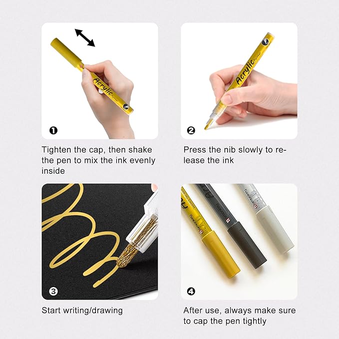 White, Silver & Gold Paint Marker Pens 6 Pack 0.7mm Extra Fine Tip, Permanent Acrylic Ink for Rock, Wood, Metal, Glass, Ceramic, Plastic, Canvas, Pens for DIY Crafts, Art & Fine Detailing