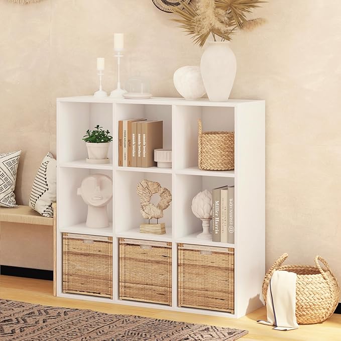 Wooden 9 Cube Storage Organizer with Closed Back Panel,White Cube Shelf Heavy Duty Cubby Storage Organizer with Compartments for Living,Display Shelf,Bookshelf