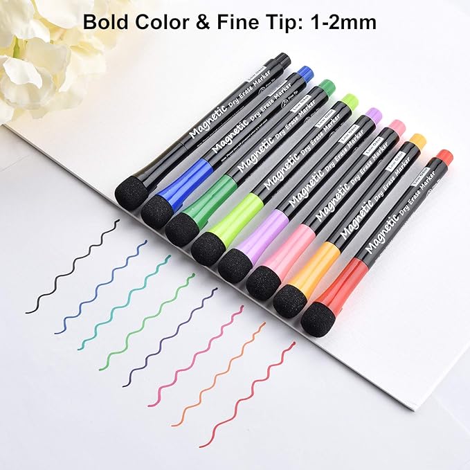 Browill Magnetic Dry Erase Markers, Fine Tip Low Odor Whiteboard Markers for Kids & School, Work On White board & Calendar, Refrigerator (16 Pack)
