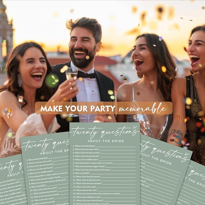 Bridal Shower Games Cards - Twenty Questions About The Bride for 25 Guests, Engagement Party Wedding Game, Minimalist Green Party Supplies - C05