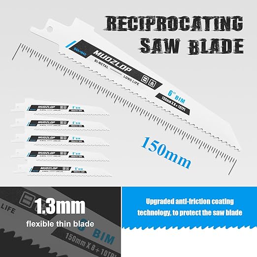 5 Pack 6 inch Reciprocating Saw Blades Set,8+10 TPI High Carbon Saw Blades, Metal Saw Blades with Organizer Case (5, 8+10TPI/150mm)