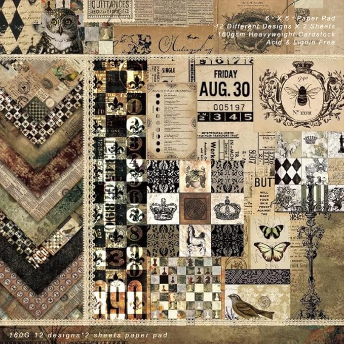 Dark Academia Scrapbook Paper Pad 6x6, Assorted Pattern Decopodge Cardstock Paper, Single-Sided Vintage Scrapbooking DIY Decorative Cardmaking Supplies, Junk Journaling Craft Paper-24Pcs