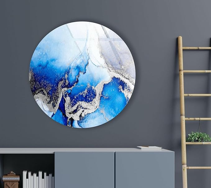 My Photostation.com 39,4''(100cm) Diameter Blue Marble Round with Silver Details Glass Wall Art Tempered Glass Printing Wall Decor Large Wall Art Wall Hangings