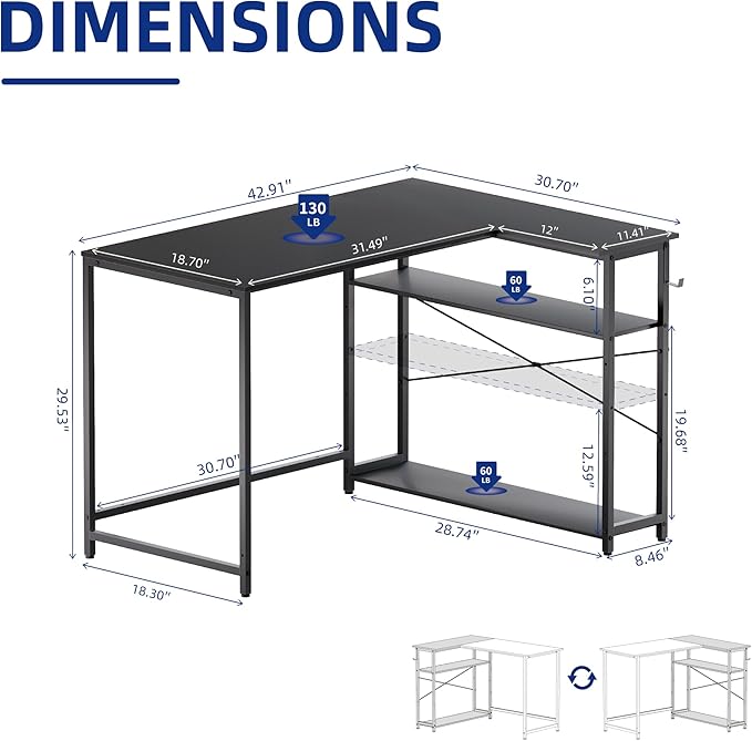 Pamray 43 Inch L Shaped Computer Desk with Reversible Side Storage Shelves, Small Corner Desk for Small Space Home Office,Writing Study Table Gaming PC Desk for Bedroom,Black