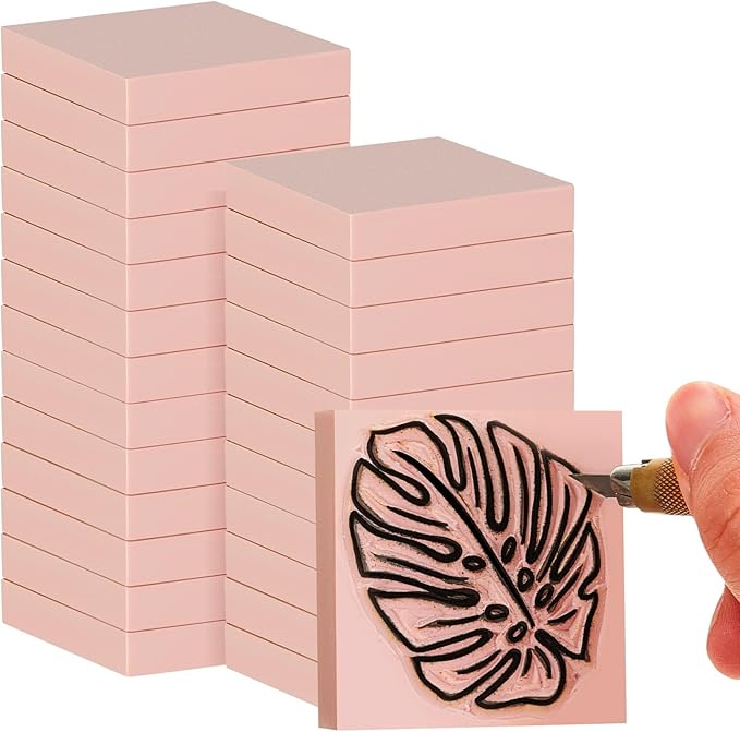 Frienda 24 Pcs 2" X 2" Rubber Carving Blocks Linoleum Blocks for Printmaking, Stamp Making, DIY Crafting, Scrapbook, Painting, Soft and Easy to Carve (Pink)