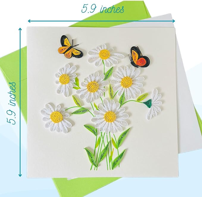 Quilling Cards, handmade card, quilled cards with Dedicated Paper Handmade Art for all occasions: Mother's day, Father's day, Birthday... daisy bouquet (With butterflies)