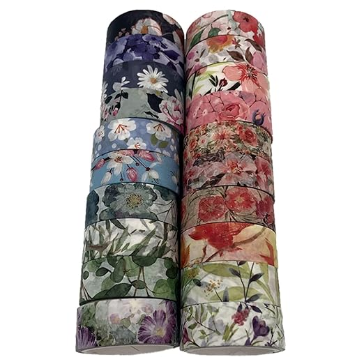 Floral Washi Tape Set 20 Rolls 15mm Wide Flower Decorative Paper Tapes for Scrapbooking, Bullet Journal, Planner, DIY Crafts, Gift Wrapping
