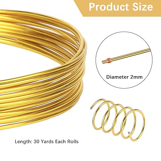12 Gauge Aluminum Craft Wire, 2mm×30Yards Bendable Metal Craft Wire for Bonsai Plant Stand, Doll Skeletons, Wire Sculpture, Jewelry Making and Home Decorations (Golden)