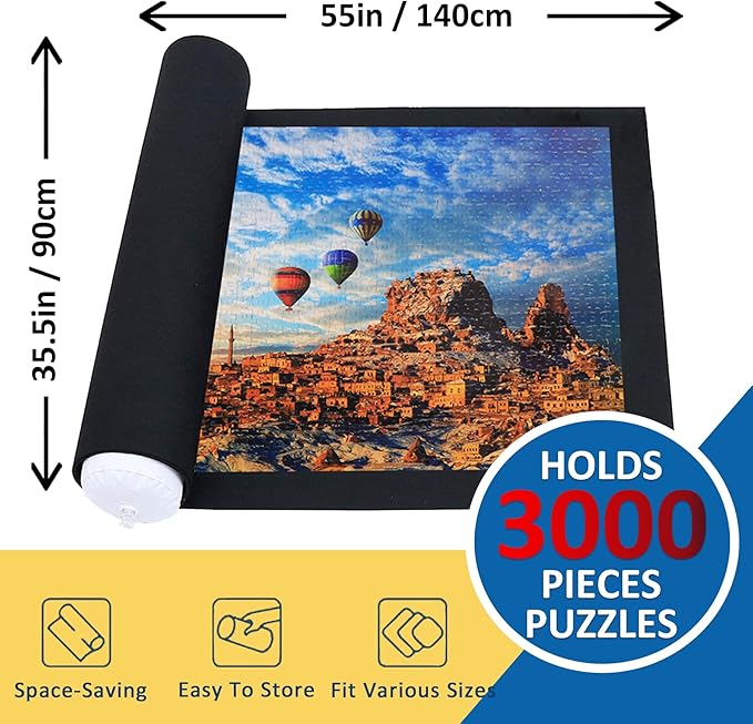 Puzzle Mat Roll Up for 3000 2000 1500 Pieces Jigsaw Puzzles, Large Portable Pad Table Non-Slip Board Saver Mats with 6 Sorting Trays, Inflatable Tube, 3 Straps, Keeper Storage Bag, Adults Gifts