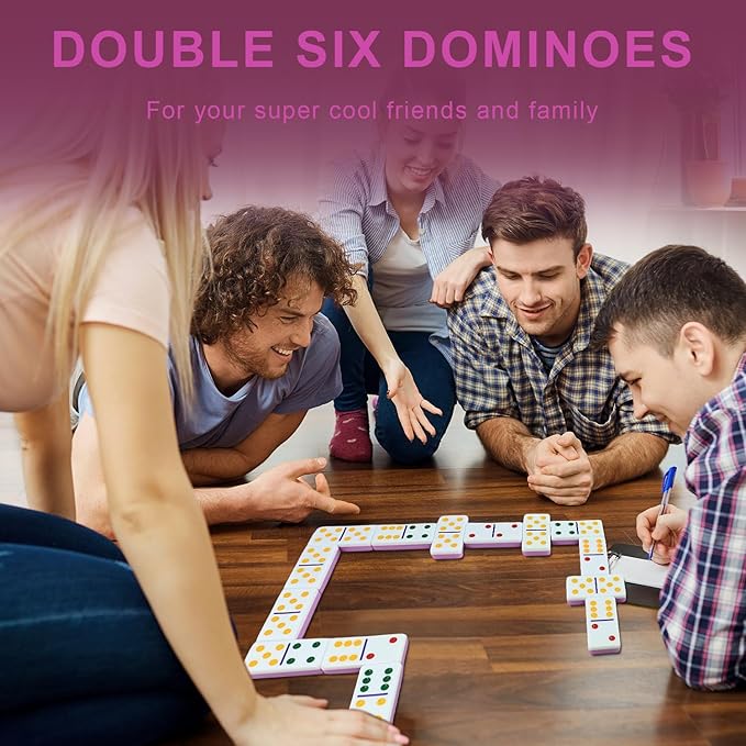 IDTQ Dominoes Set for Adults, Double 6 Dominos Game Set with 28 Domino Tiles Double with Upscale Gift Boxes -7 Polyhedral Dice -Classic Board Games (Pink)