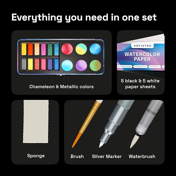 ARTISTRO Metallic Watercolor Paints Set of 18, Palette set Including 12 Metallic Glitter Watercolor and 6 Chameleon Colors. Perfect Travel Watercolor Set for Artists, Amateur Hobbyists and Painting Lovers