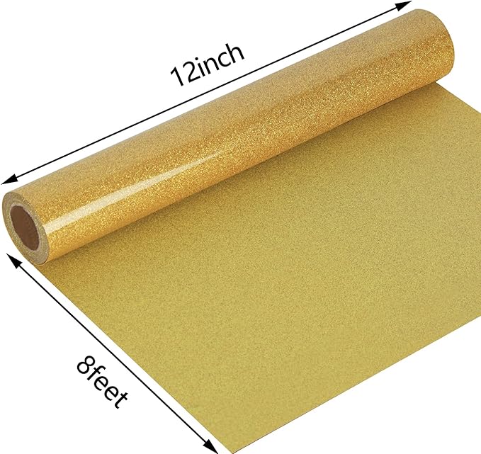 guangyintong Glitter Gold Heat Transfer Vinyl HTV Rolls, 12" x 8ft Iron on Vinyl for T-Shirts Glitter Gold HTV Vinyl for All Cutter Machines Easy to Cut & Weed for Heat Vinyl Design