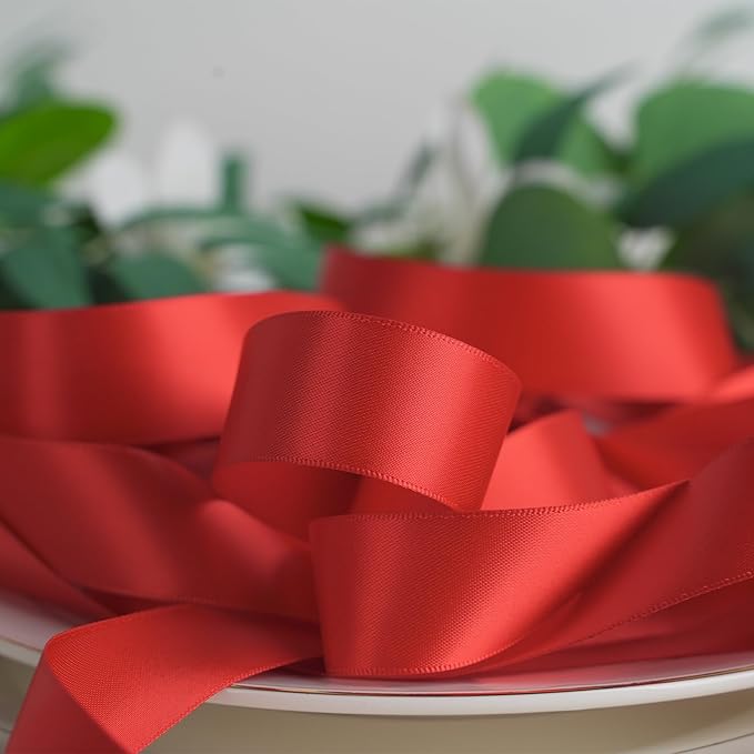 HUIHUANG Red Satin Ribbon - 1 inch x 50 Yards Double-Faced Polyester Silk for Gift Wrapping, Wedding Invitations, Hair Bows, Christmas Decor, Floral Arrangement