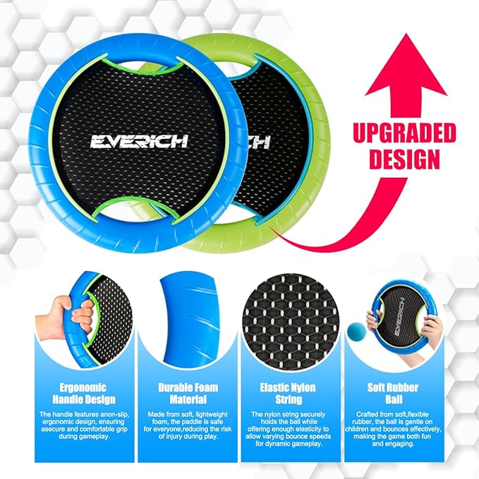 EVERICH TOY Trampoline Paddle Ball Set with 4 Bouncy Paddles & 8 Balls - Soft Foam Design for Kids Play Indoor Outdoor Beach Backyard Lawn - Great Gift Idea for Boys & Girls