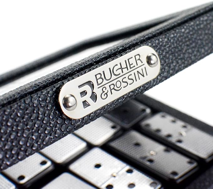 Bucher&Rossini Metal Surface Dominoes Set Double 6 - Classic Black Domino's Game Set with Silver Metal Surface for Adults and Kids Ideal Gift for Domino Players or Family Game Night