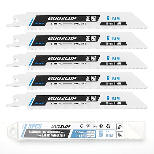 5 Pack 6 inch Reciprocating Saw Blades Set,18 TPI High Carbon Saw Blades, Metal Saw Blades with Organizer Case (5, 18TPI/150mm)